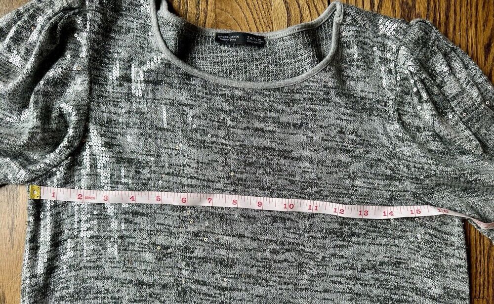 ZARA WOMEN'S HEATHER GRAY THIN KNIT LONG PUFF SLEEVE SEQUIN‎ MINI DRESS Sz Large - Picture 9 of 11